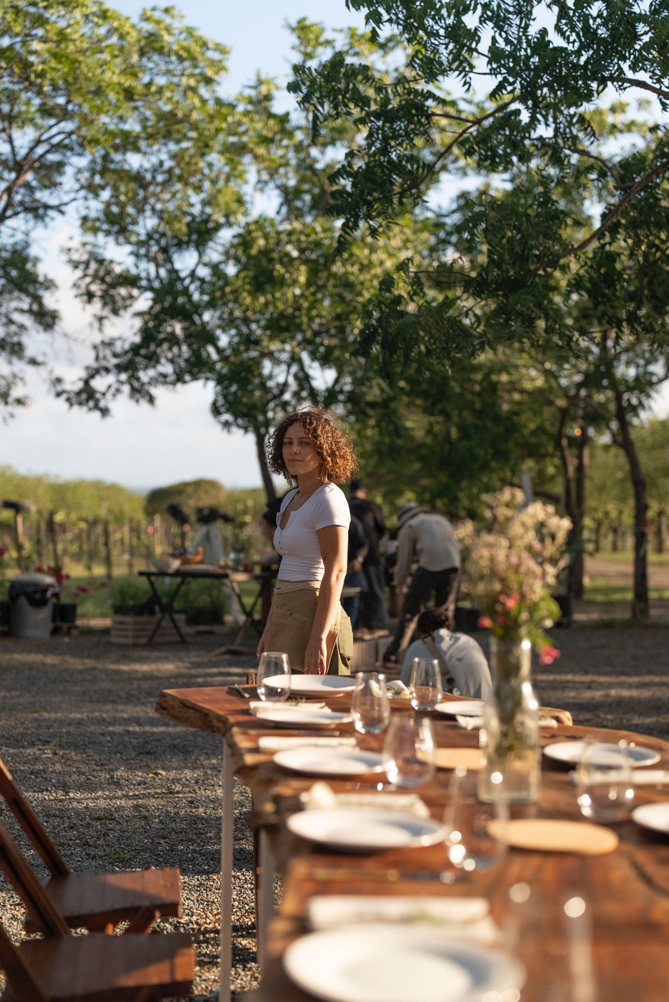 Mesa larga servida al aire libre en una finca al atardecer